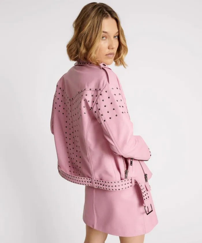 Women RIZZO PINK STUDDED LEATHER MOTO JACKET One Teaspoon Jackets