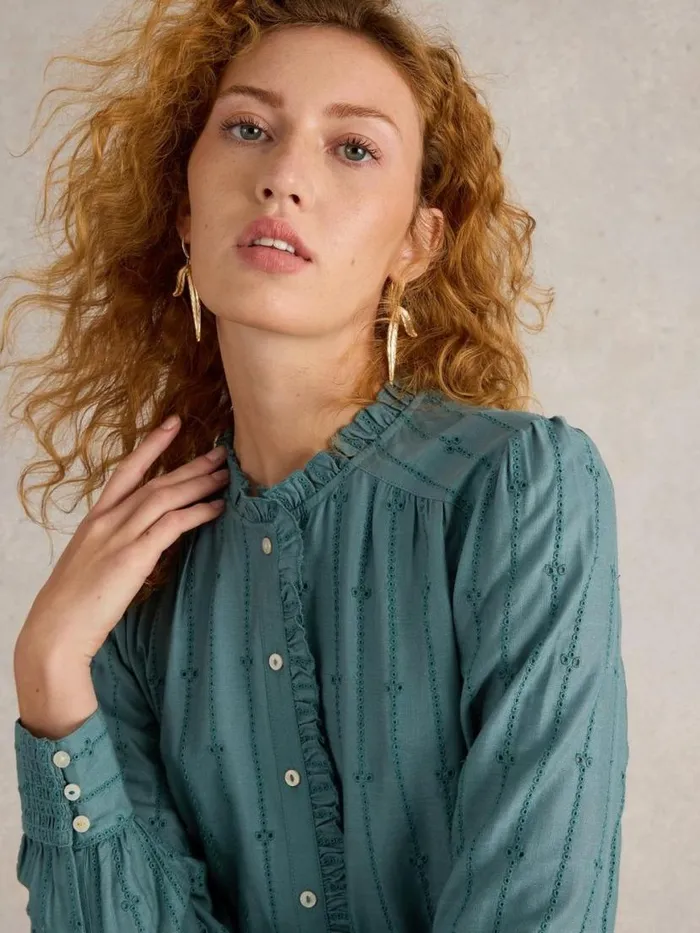 Women Shirts and Blouses White Stuff Aster Broderie Shirt Dusty Green Women Shirts and Blouses White Stuff Aster Broderie Shirt Dusty Green
