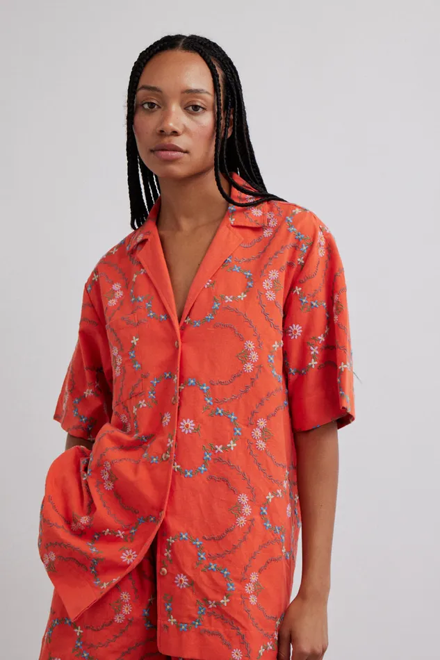 Women Tops Damson Madder Tablecloth Shirt 8211 Red Flower Embroidery