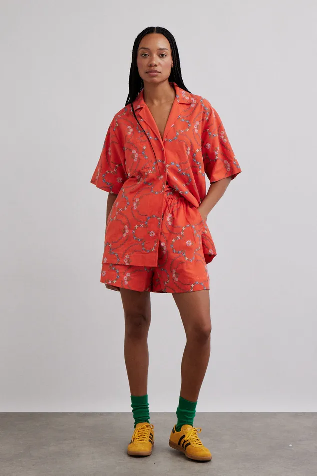Women Tops Damson Madder Tablecloth Shirt 8211 Red Flower Embroidery