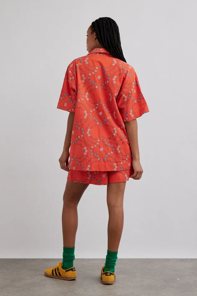 Women Tops Damson Madder Tablecloth Shirt 8211 Red Flower Embroidery
