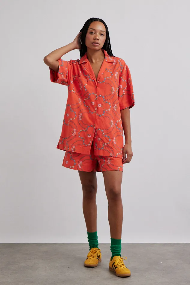 Women Tops Damson Madder Tablecloth Shirt 8211 Red Flower Embroidery
