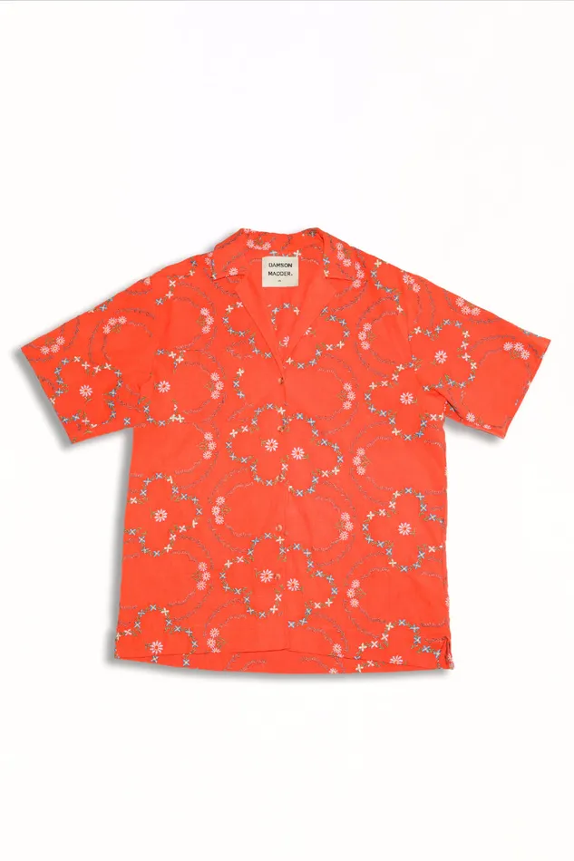 Women Tops Damson Madder Tablecloth Shirt 8211 Red Flower Embroidery