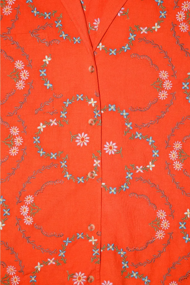 Women Tops Damson Madder Tablecloth Shirt 8211 Red Flower Embroidery