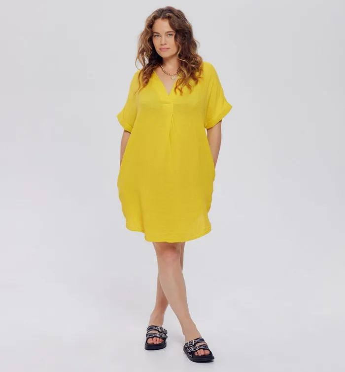 Women Tunic Dress In Cotton Gauze 8211 Yellow Promod Dresses Women Tunic Dress In Cotton Gauze 8211 Yellow Promod Dresses