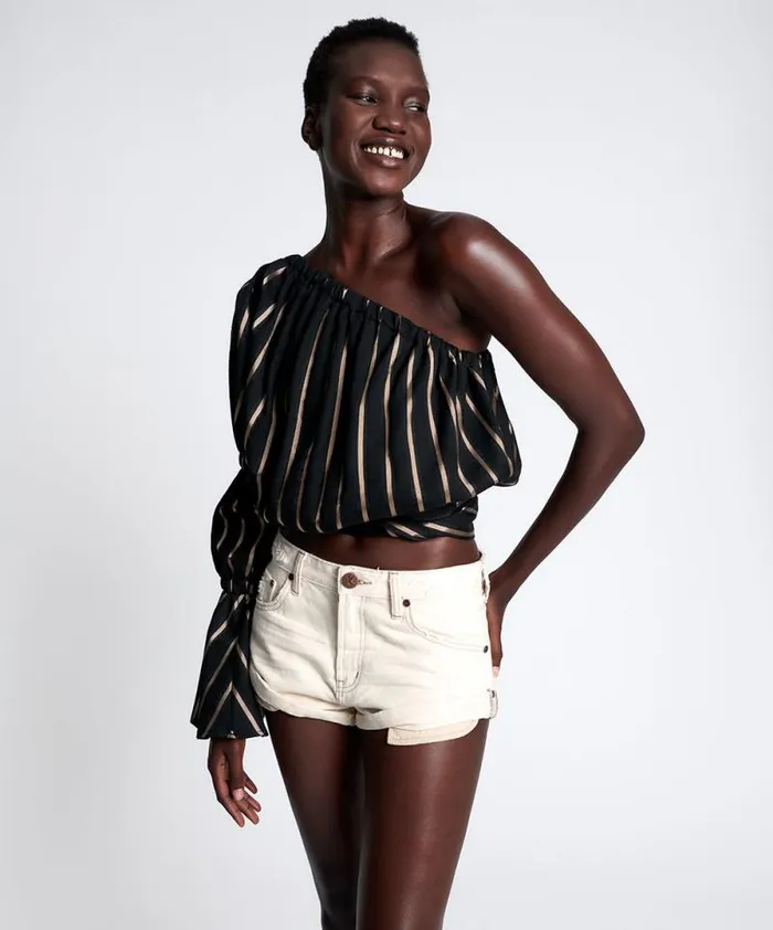 Women TUXEDO STRIPE ONE SHOULDER TOP One Teaspoon Tops