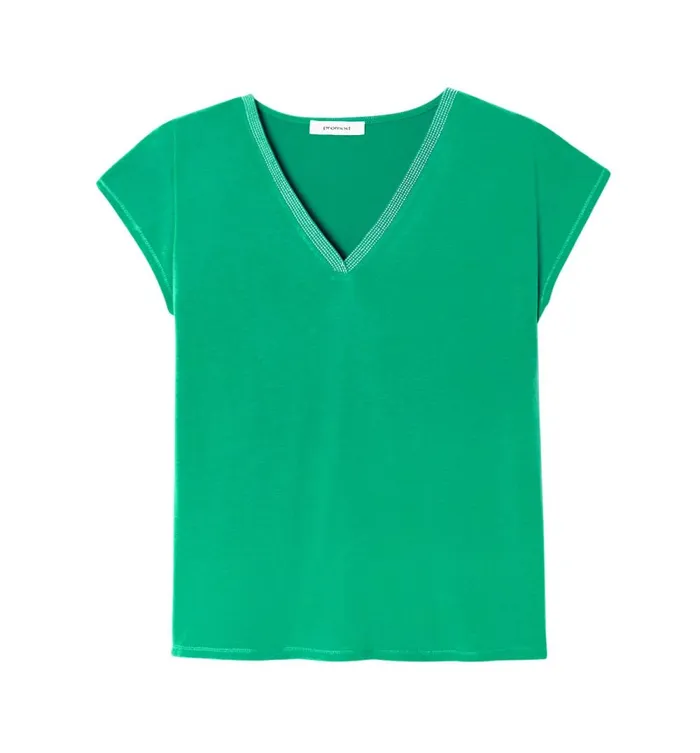 Women VNeck Top With Glitzy Detail 8211 Green Promod Tops Women VNeck Top With Glitzy Detail 8211 Green Promod Tops