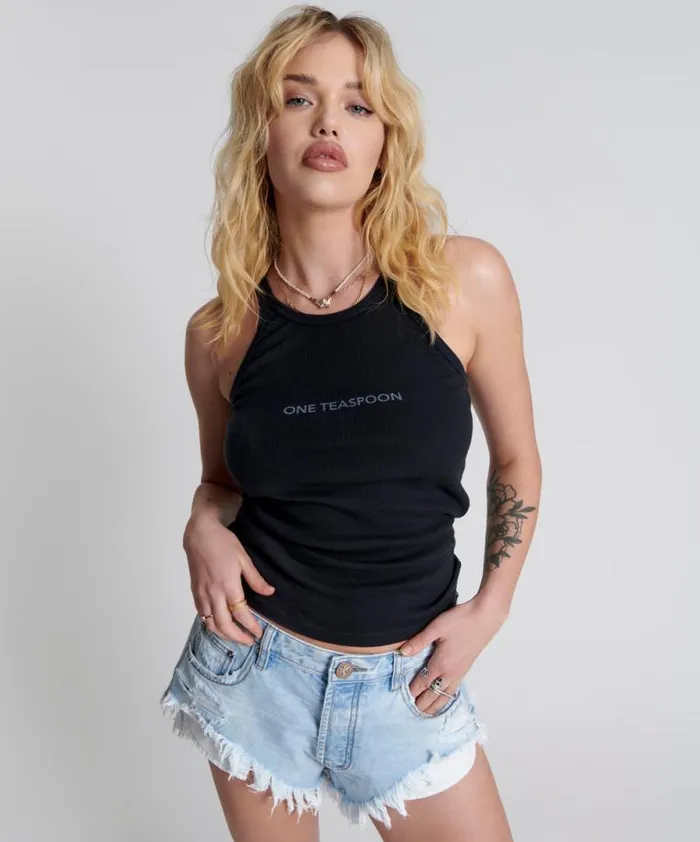 Women WASHED BLACK LOGO SINGLET One Teaspoon Tees and Tanks