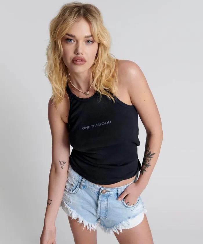 Women WASHED BLACK LOGO SINGLET One Teaspoon Tees and Tanks Women WASHED BLACK LOGO SINGLET One Teaspoon Tees and Tanks