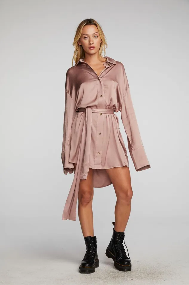 Womens Chaser Brand Dresses Stretch Silky Woven Shirt Dress
