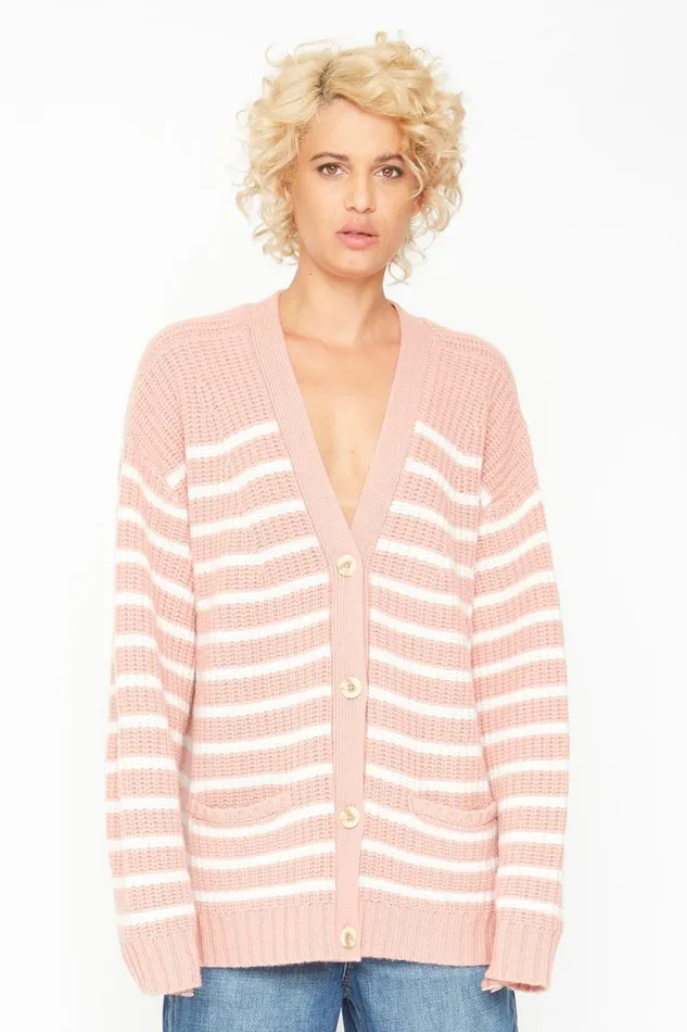 Womens Chaser Brand Tops Grandpa Cardigan Sweater 8211 Pink And White Stripe