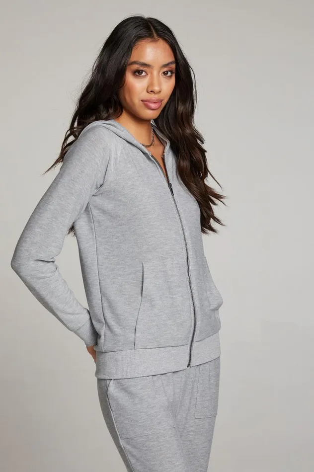Womens Chaser Brand Tops Heather Grey Long Sleeve Raglan Zip Up Hoodie