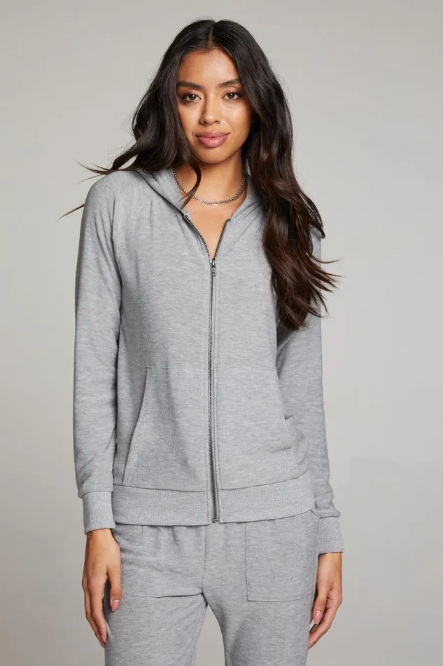 Womens Chaser Brand Tops Heather Grey Long Sleeve Raglan Zip Up Hoodie