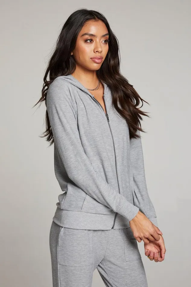 Womens Chaser Brand Tops Heather Grey Long Sleeve Raglan Zip Up Hoodie