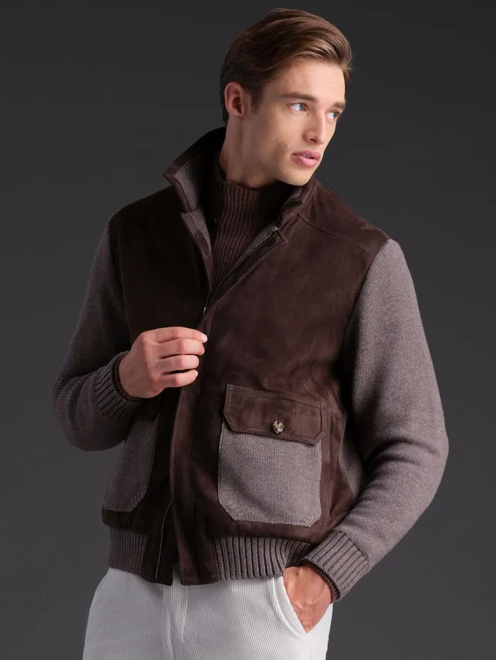 Wool And Suede Bomber Jacket Brown Men Paul Stuart Outerwear
