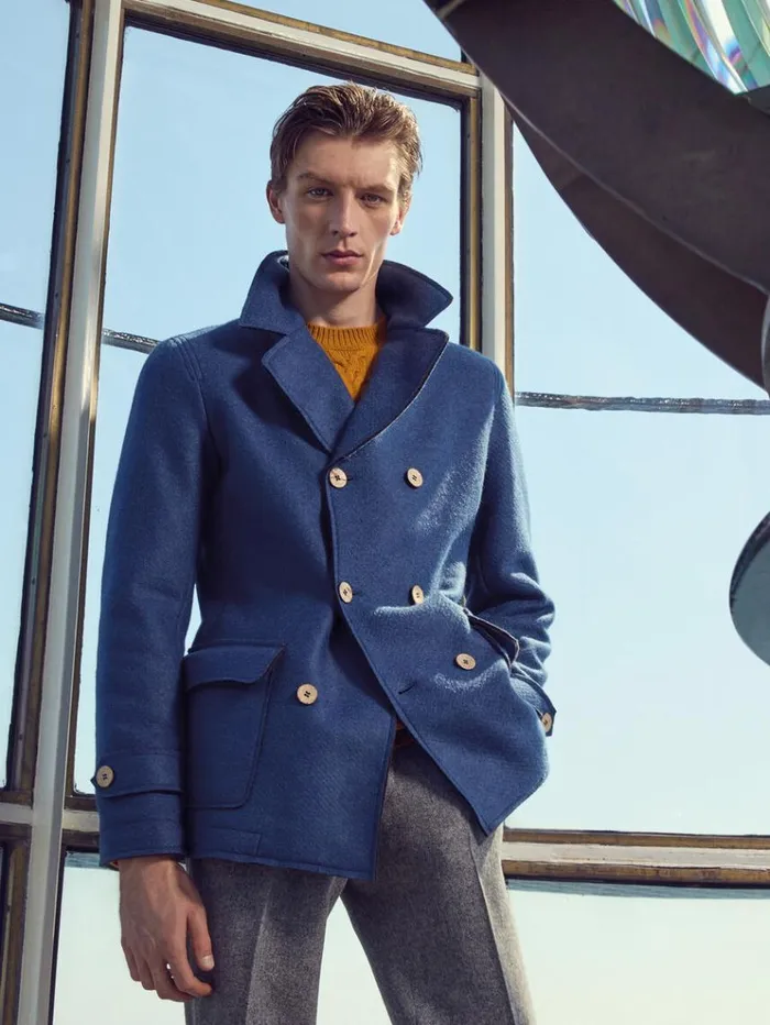 Wool Raw Edge Double Breasted Jacket Blue Men Paul Stuart Outerwear