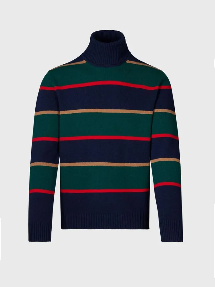 Wool Regimental Stripe Turtleneck Navy Men Paul Stuart Sweaters
